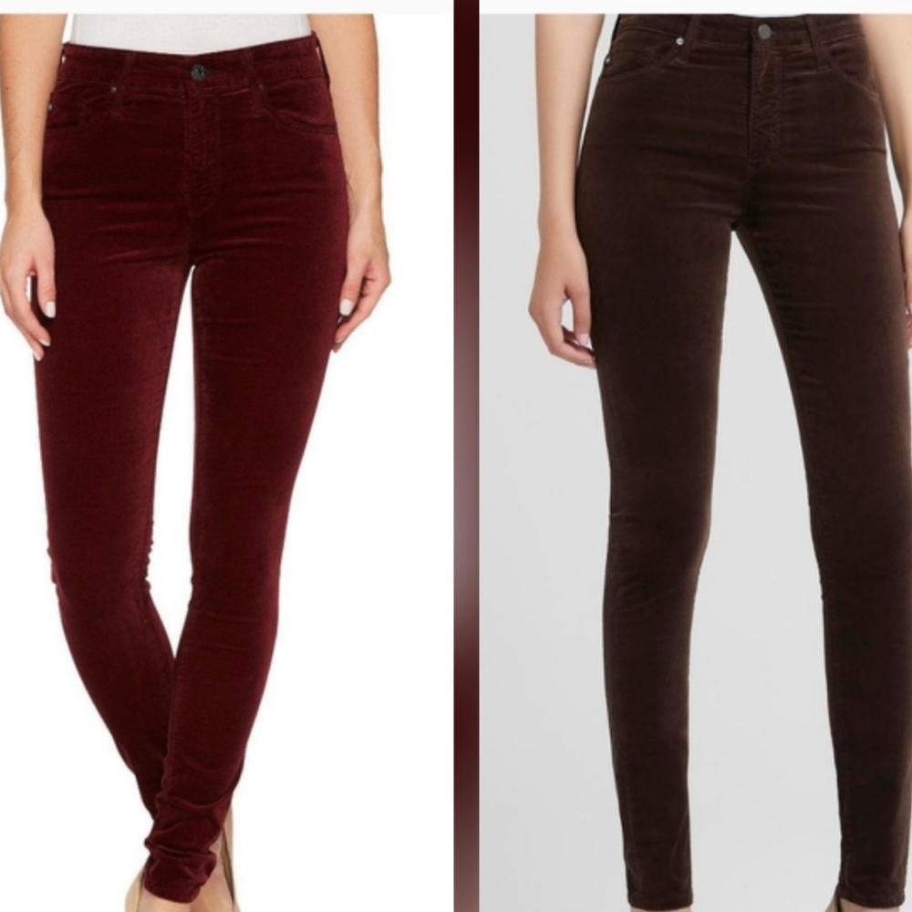 2 Pair AG Farrah High Rise Skinny Velvet Jeans Burgundy Brown 25
